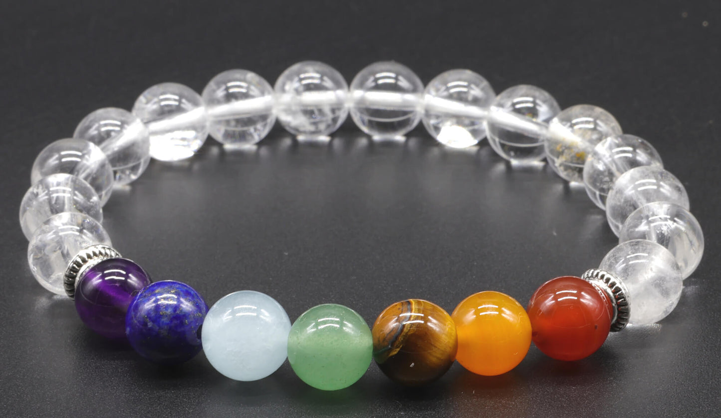 Bracelet Cristal de Roche & 7 Chakras perles 8mm