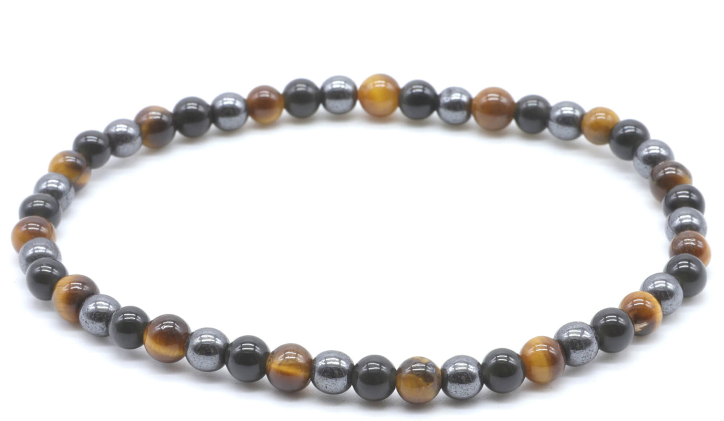 Bracelet Protection Obsidienne Noire, Hematite, Oeil de Tigre perles 4mm