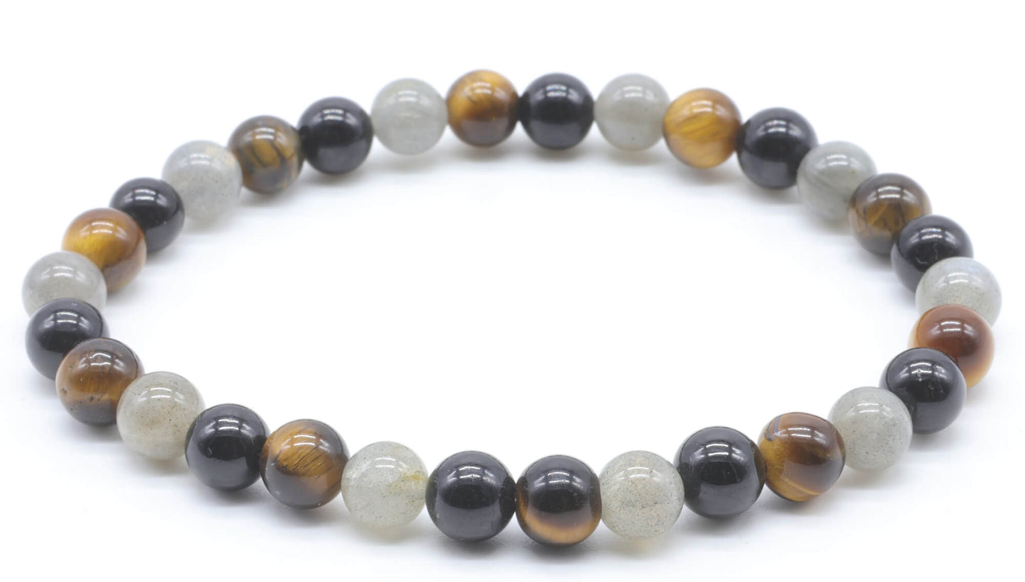 Bracelet Labradorite, Tourmaline noire, Oeil de tigre perles 6mm