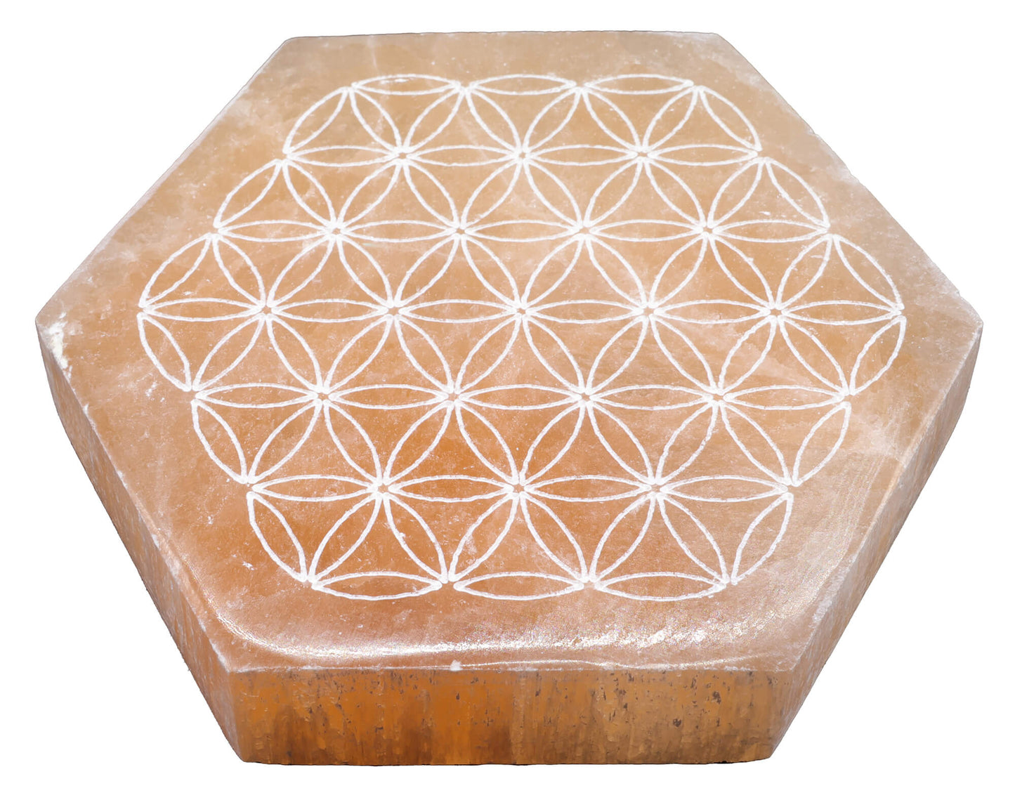 Plaque Sélénite Orange Fleur de Vie Hexa 10cm