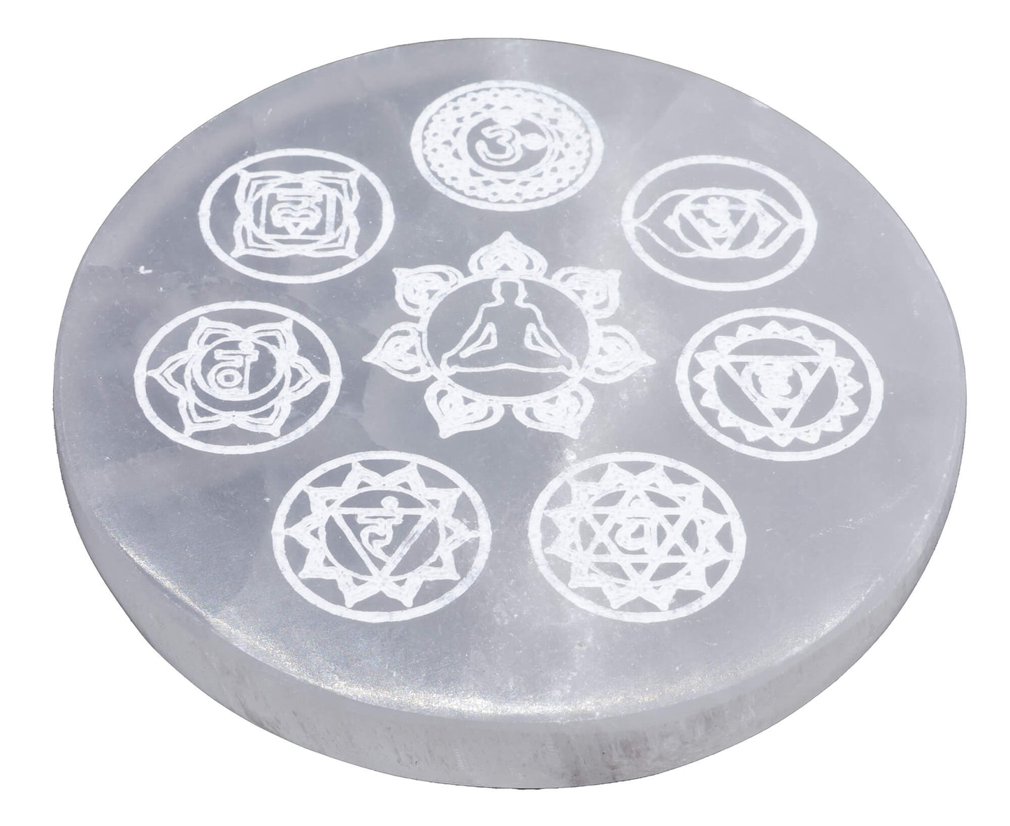 Plaque Sélénite Bouddha 7 Chakras 10cm