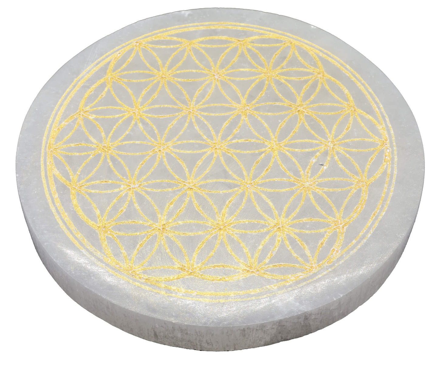 Plaque Sélénite Fleur de Vie Dorée 10cm