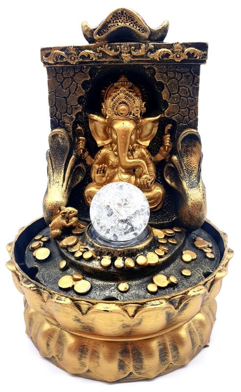 Fontaine Résine Ganesh Doré sur Autel 29cm