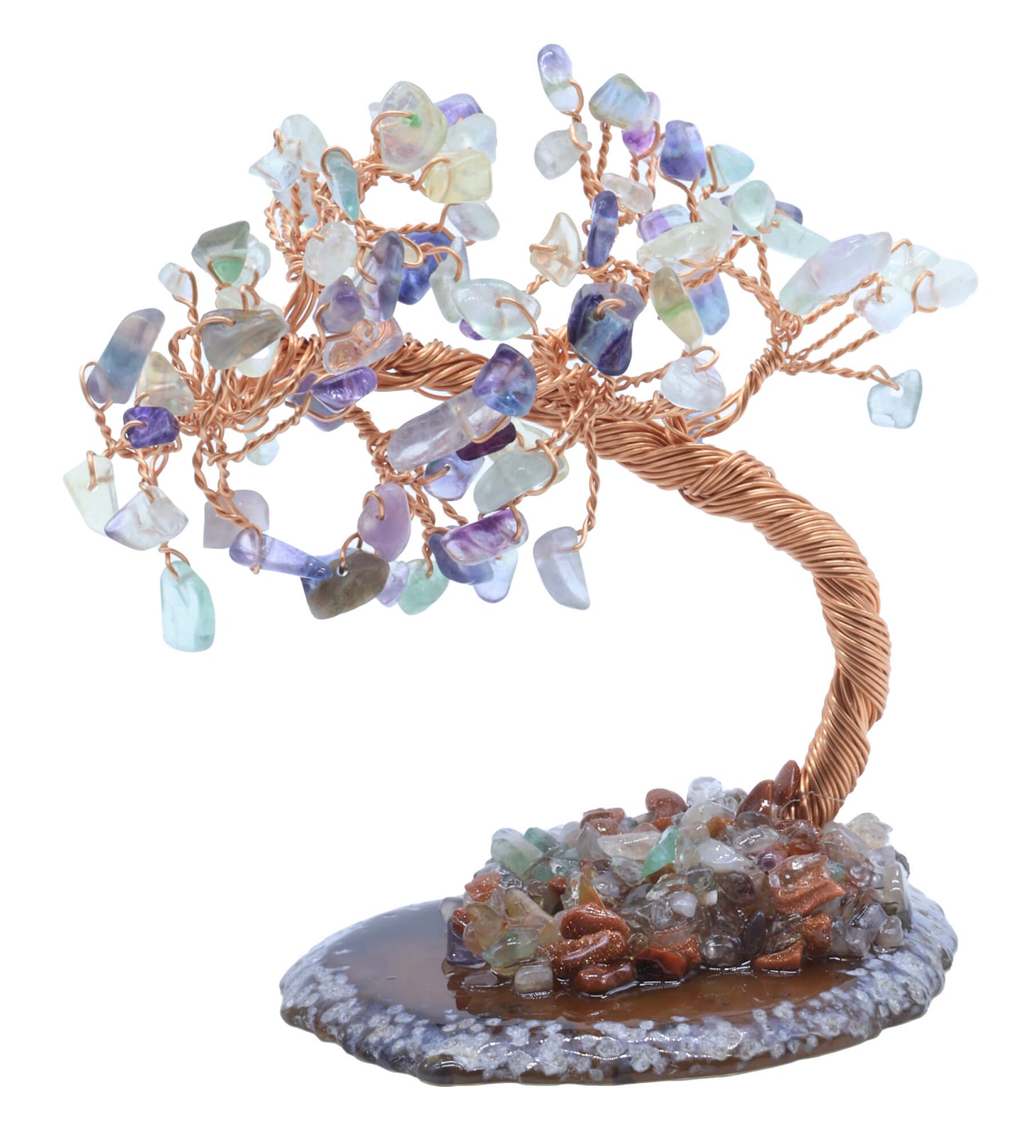 Arbre du Bonheur Fluorite sur Tranche Agate 12cm