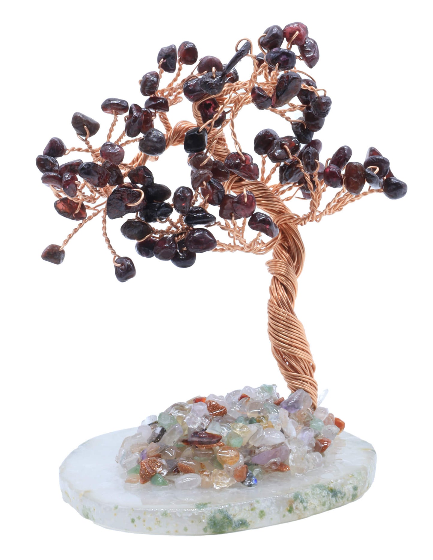 Arbre du Bonheur Grenat sur Tranche Agate 12cm