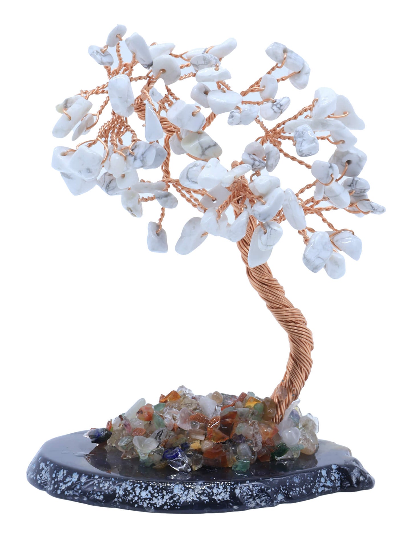 Arbre du Bonheur Howlite sur Tranche Agate 12cm