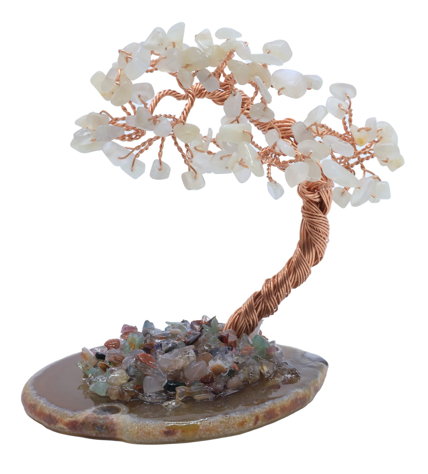 Arbre du Bonheur Pierre de Lune sur Tranche Agate 12cm