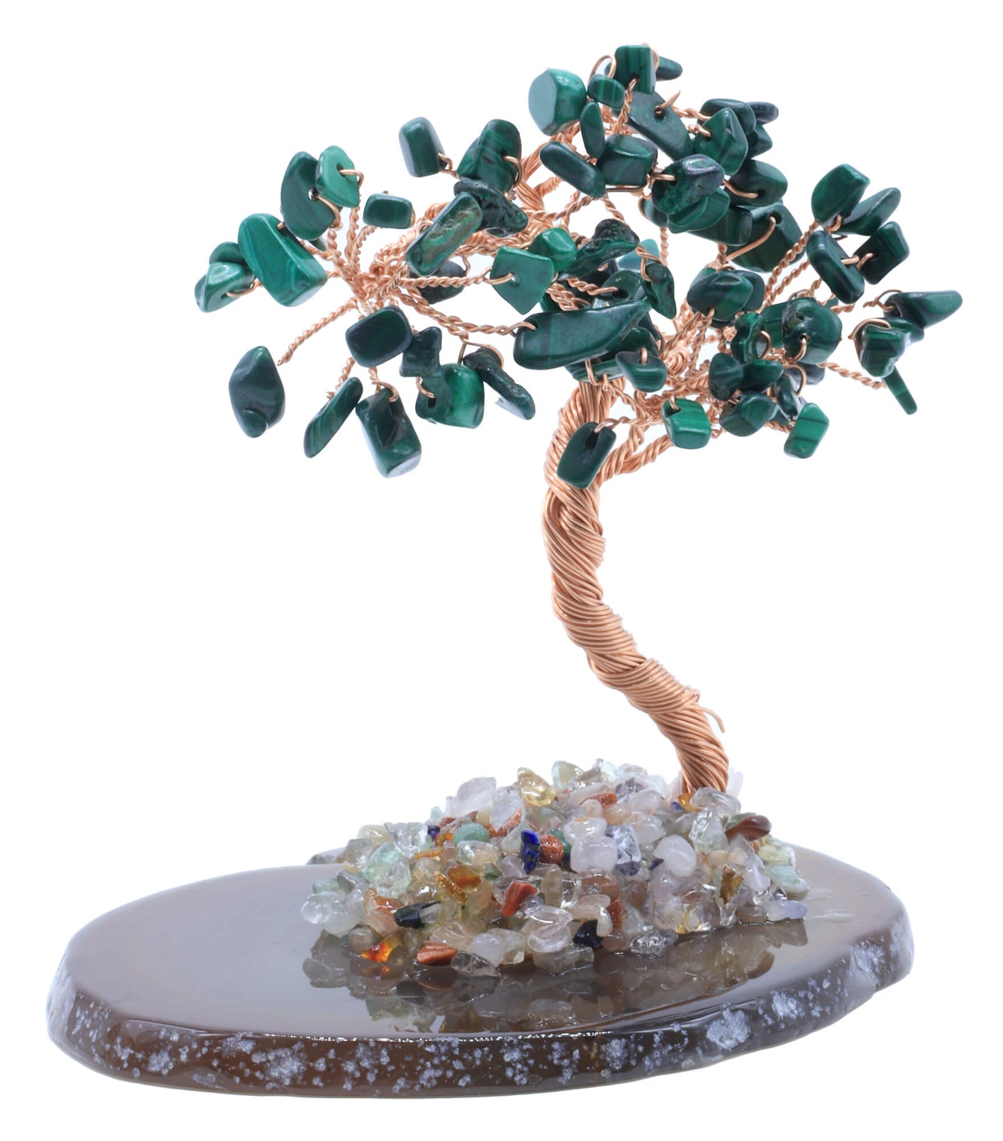 Arbre du Bonheur Malachite sur Tranche Agate 12cm