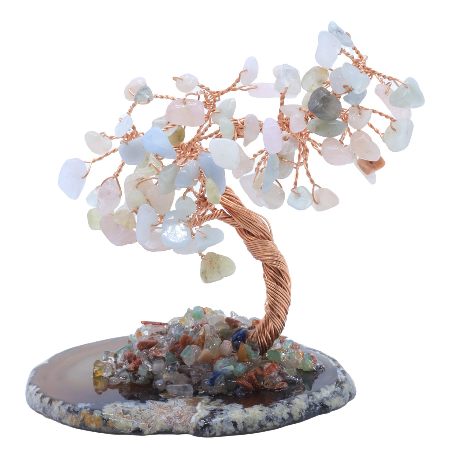 Arbre du Bonheur Morganite sur Tranche Agate 12cm