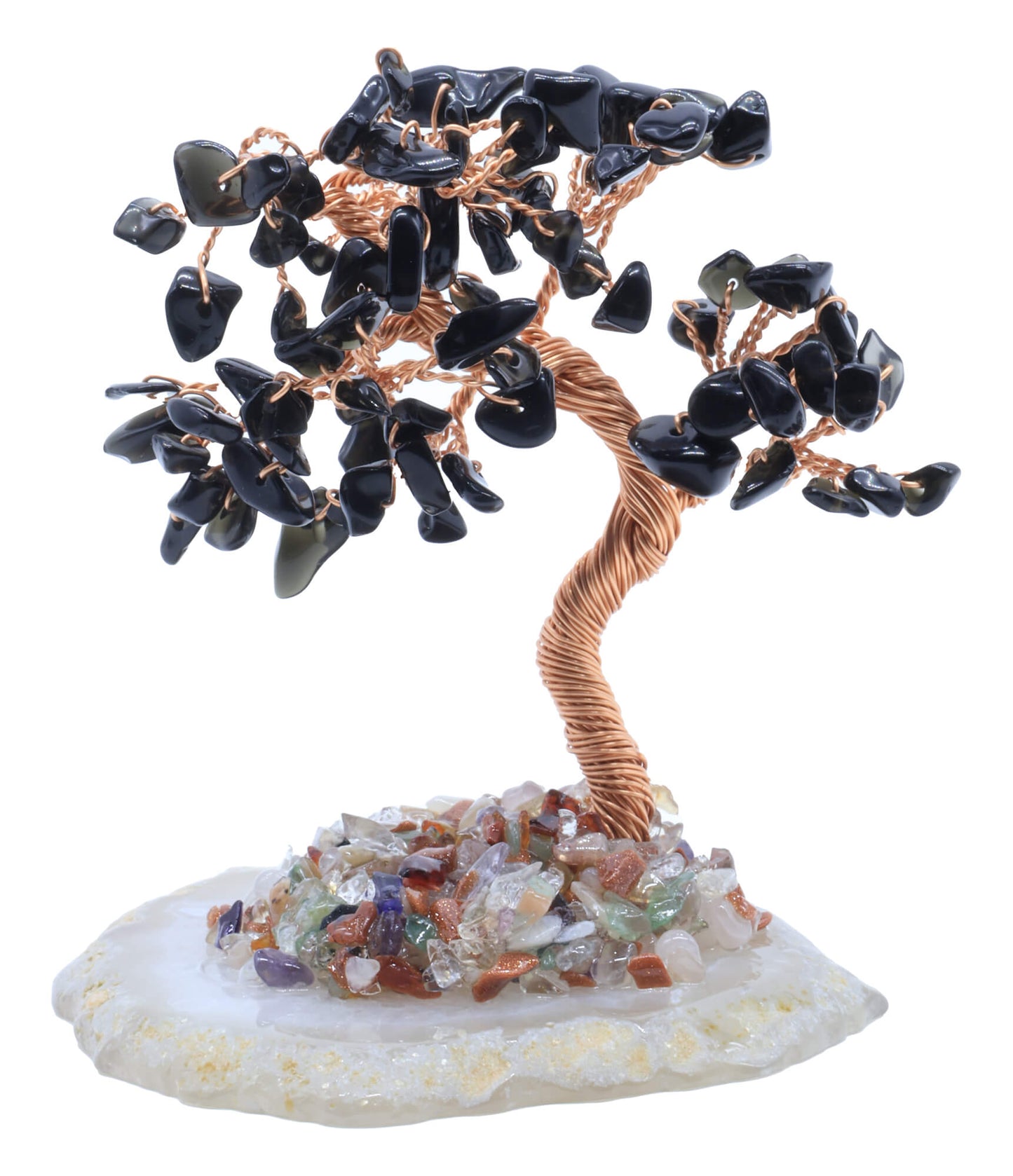 Arbre du Bonheur Obsidienne Noire sur Tranche Agate 12cm