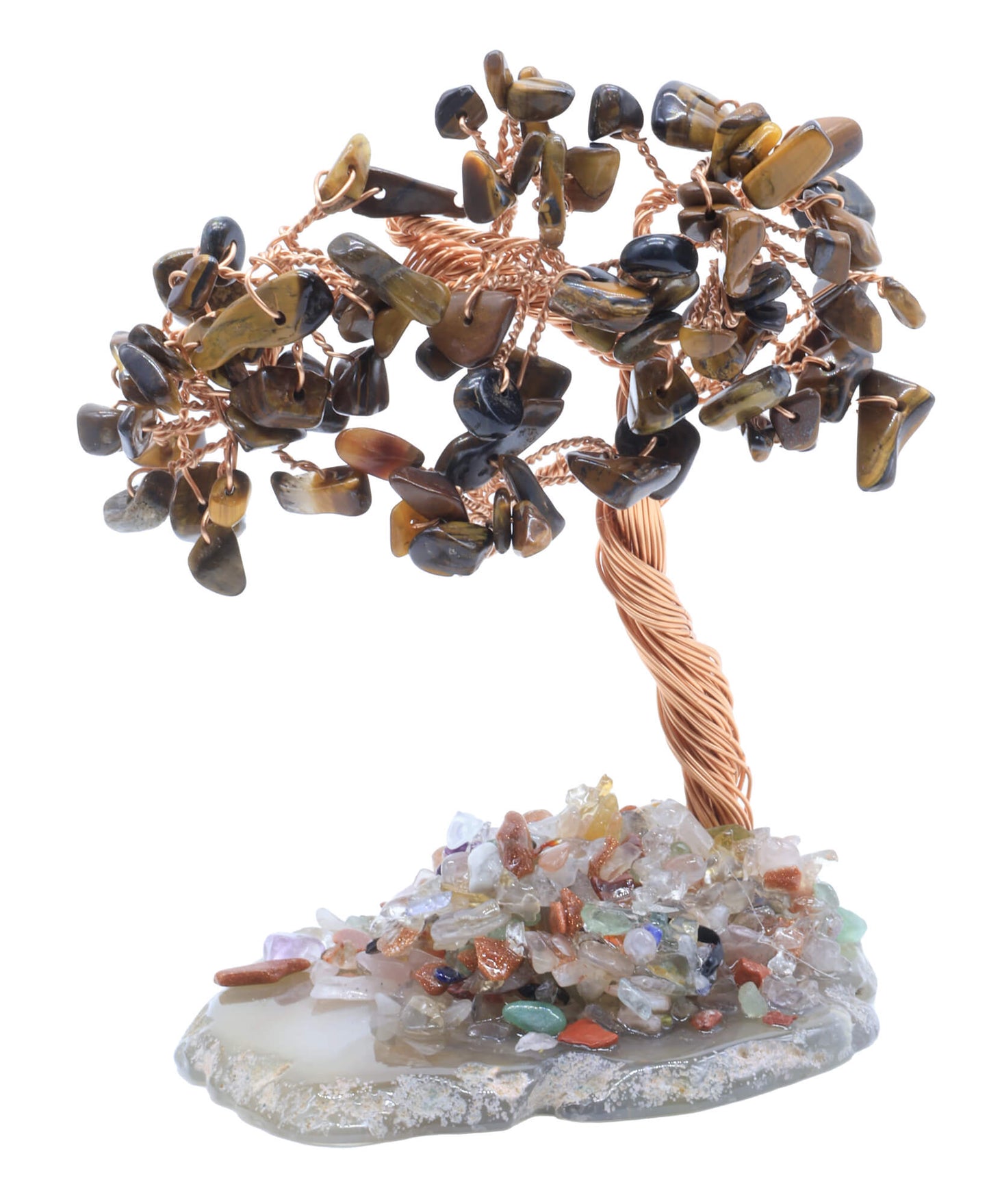 Arbre du Bonheur Oeil de Tigre sur Tranche Agate 12cm