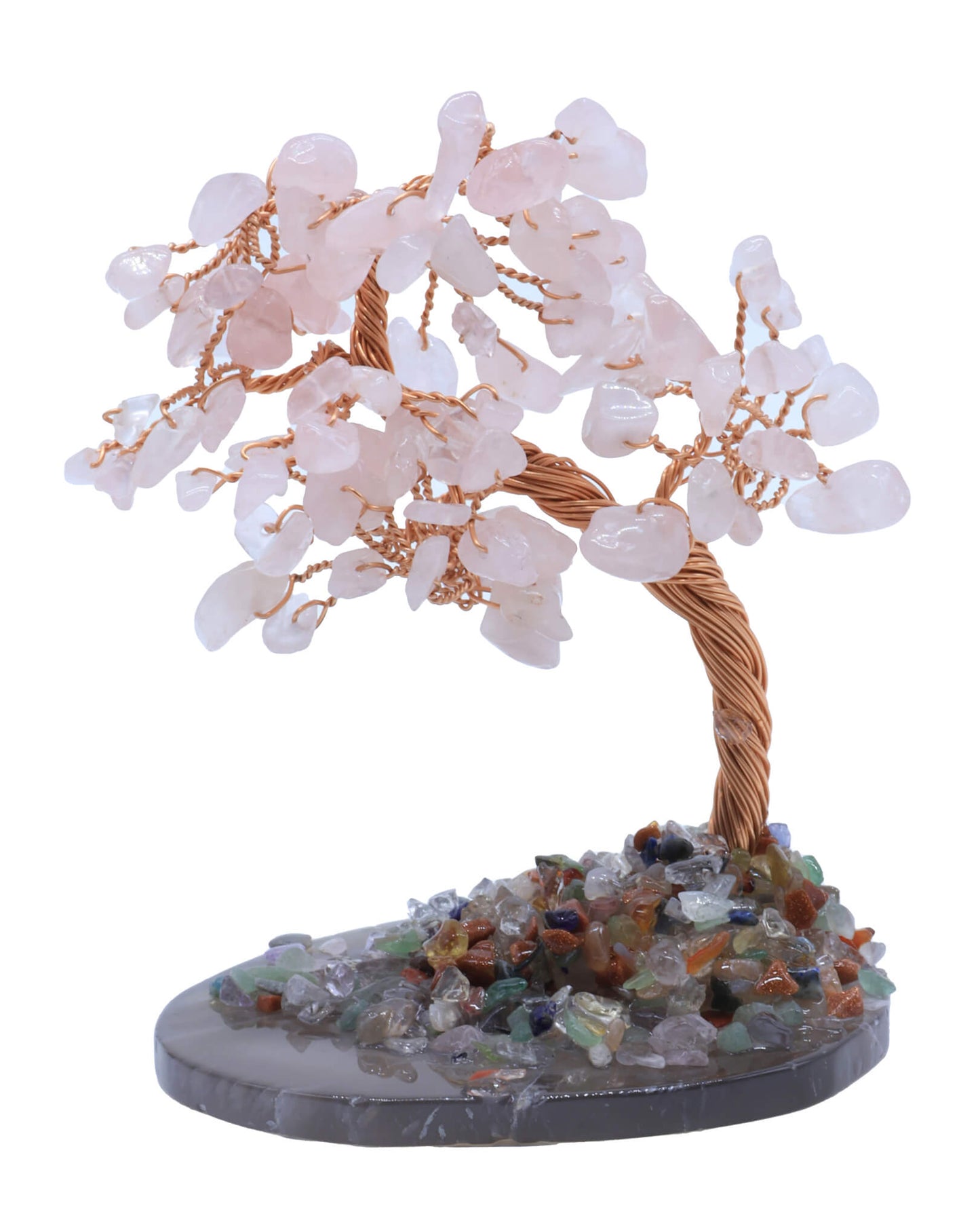 Arbre du Bonheur Quartz Rose sur Tranche Agate 12cm