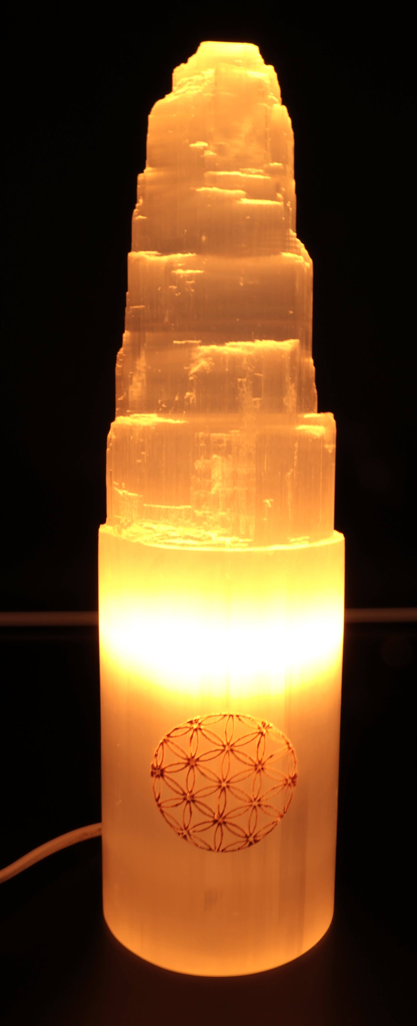 Lampe Sélénite Montagne Gravée 30cm - Fleur de Vie