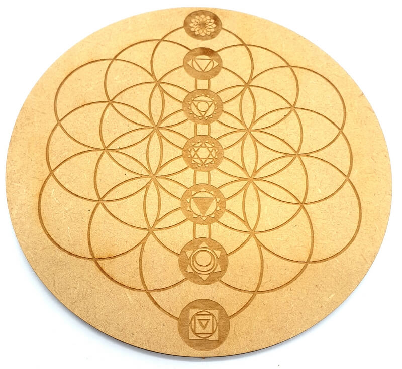 Plaque Bois Graine de Vie & Chakras 15cm