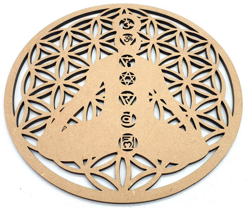 Plaque Bois 7 Chakras Fleur de Vie 30cm