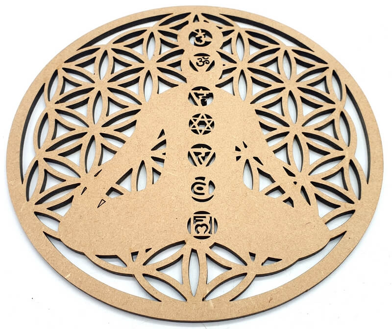 Plaque Bois 7 Chakras Fleur de Vie 20cm