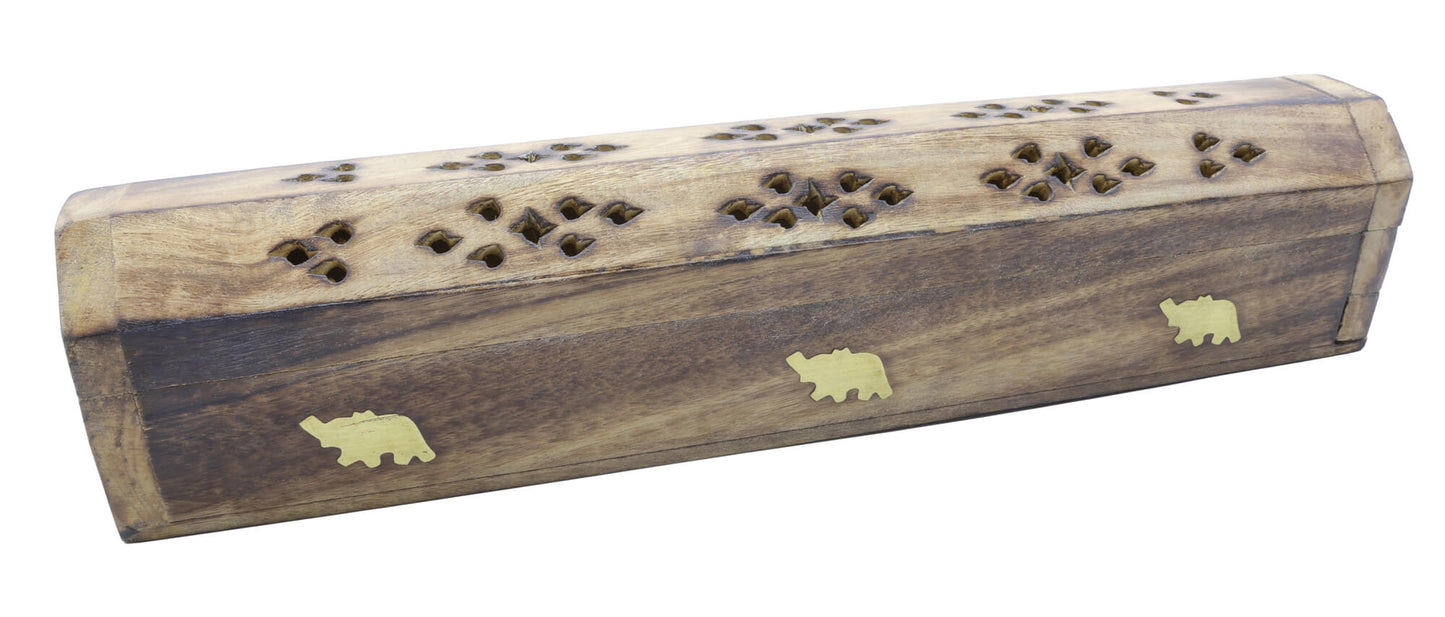Porte-Encens Bois Coffret Eléphants Clair 30cm