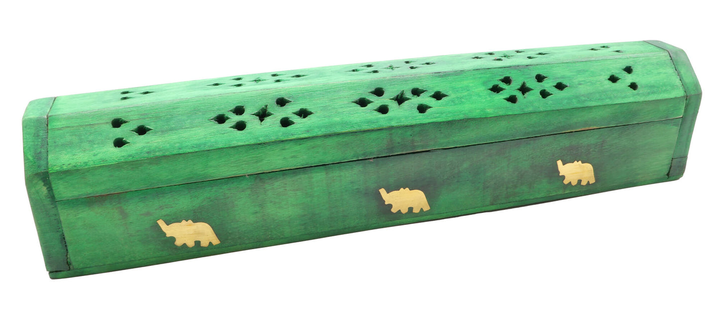 Porte-Encens Bois Coffret Vert Eléphants 30cm