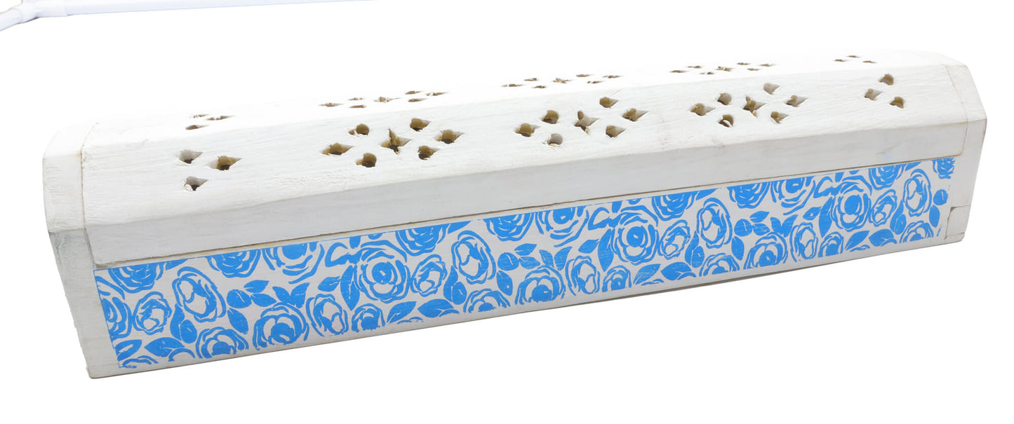 Porte-Encens Bois Coffret Blanc Motifs 30cm