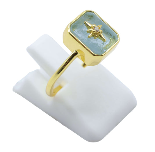 Bague Argent 925 Aigue Marine Rectangle + Charme
