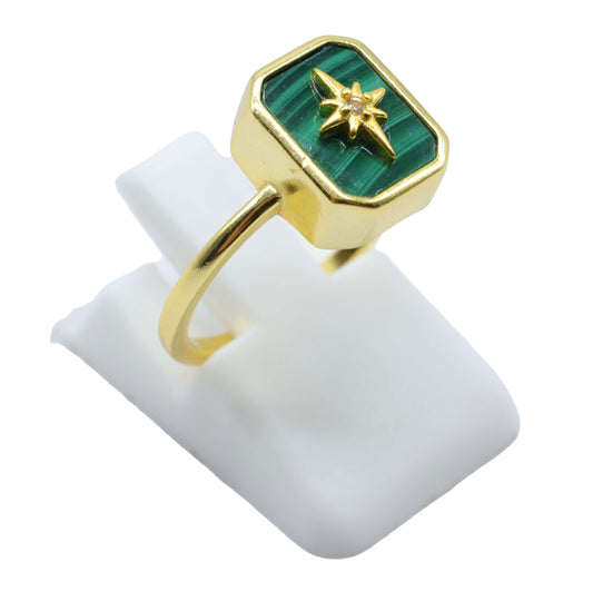 Bague Argent 925 Malachite Rectangle + Charme