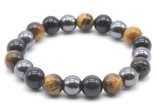Bracelet Protection Obsidienne Noire, Hematite, Oeil de Tigre perles 10mm