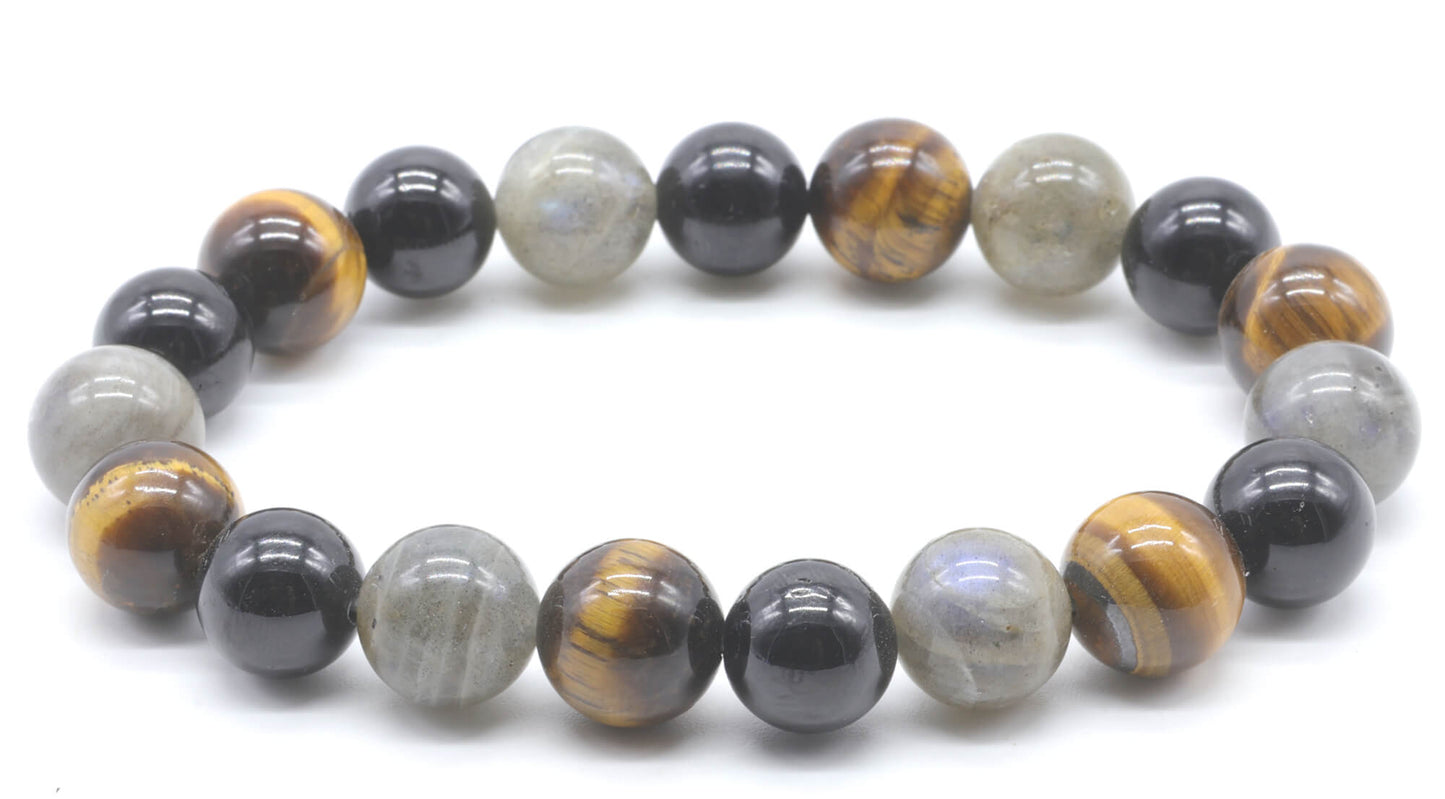 Bracelet Labradorite, Tourmaline noire, Oeil de tigre perles 10mm
