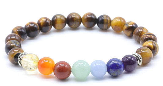 Bracelet Oeil de Tigre & 7 Chakras perles 8mm